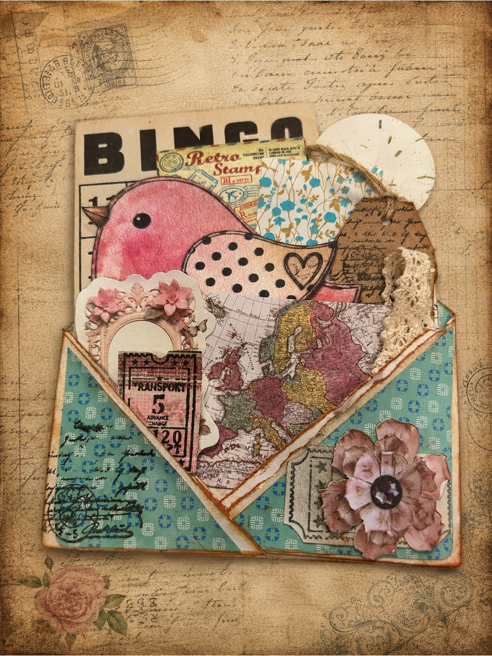 Vintage Bingo Card Altering Kit with Handmade Envelope, Ephemera, Collage & Jour